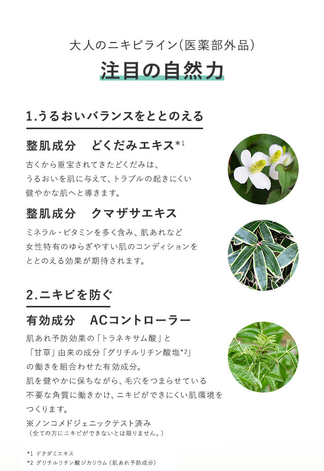 大人のニキビライン(医薬部外品) 注目の自然力 1.うるおいバランスをととのえる 整肌成分　どくだみエキス* 古くから生薬として活用されてきたどくだみは、うるおいバランスを整えて、ニキビのできにくい健やかな肌へと導きます。整肌成分　クマザサエキス ミネラル・ビタミンを多く含み、女性のゆらぎや大人のニキビに悩む肌のうるおいバランス(皮脂の水分と油分)を整える効果が期待されます。2.ニキビを防ぐ 有効成分　ACコントローラー 肌あれ予防効果の「トラネキサム酸」と抗炎症効果の「甘草」由来の成分「グリチルチン酸塩」の働きを組合わせた有効成分。肌を健やかに保ちながら、毛穴をつまらせている不要な角質に働きかけ、ニキビができにくい肌環境をつくります。　※ノンコメドジェニックテスト済み * ドクダミエキス