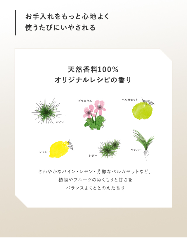 お手入れをもっと心地よく使うたびにいやされる天然香料100％オリジナルレシピの香りさわやかなパイン・レモン・芳醇なベルガモットなど、植物やフルーツのぬくもりと甘さをバランスよくととのえた香り