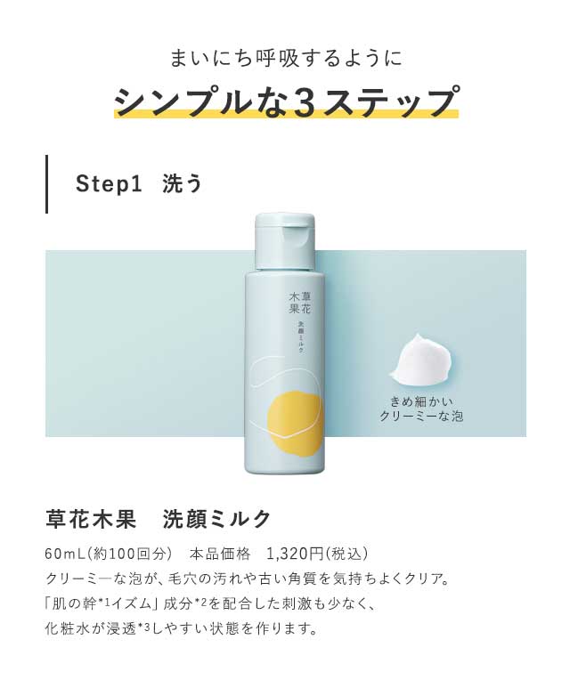 まいにち呼吸するようにシンプルな３ステップ　Step1  洗う 草花木果　洗顔ミルク 60mL(約100回分)　本品価格　1,296円(税込)クリーミ―な泡が、毛穴の汚れや古い角質を気持ちよくクリア。「肌の幹イズム」成分*1を配合した刺激も少なく、化粧水が浸透*2しやすい状態を作ります。