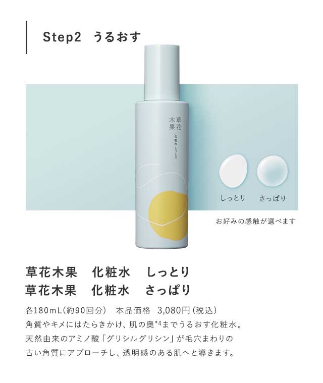 Step2  うるおす 草花木果　化粧水　しっとり 草花木果　化粧水　さっぱり 各180mL(約90回分)　本品価格　3,024円(税込)角質やキメにはたらきかけ、肌の奥*3までうるおす化粧水。天然由来のアミノ酸「グリシルグリシン」が毛穴まわりの古い角質にアプローチし、透明感のある肌へと導きます。