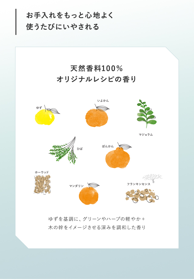 お手入れをもっと心地よく使うたびにいやされる 天然香料100％オリジナルレシピの香り ゆずを基調に、グリーンやハーブの軽やか＋木の幹をイメージさせる深みを調和した香り