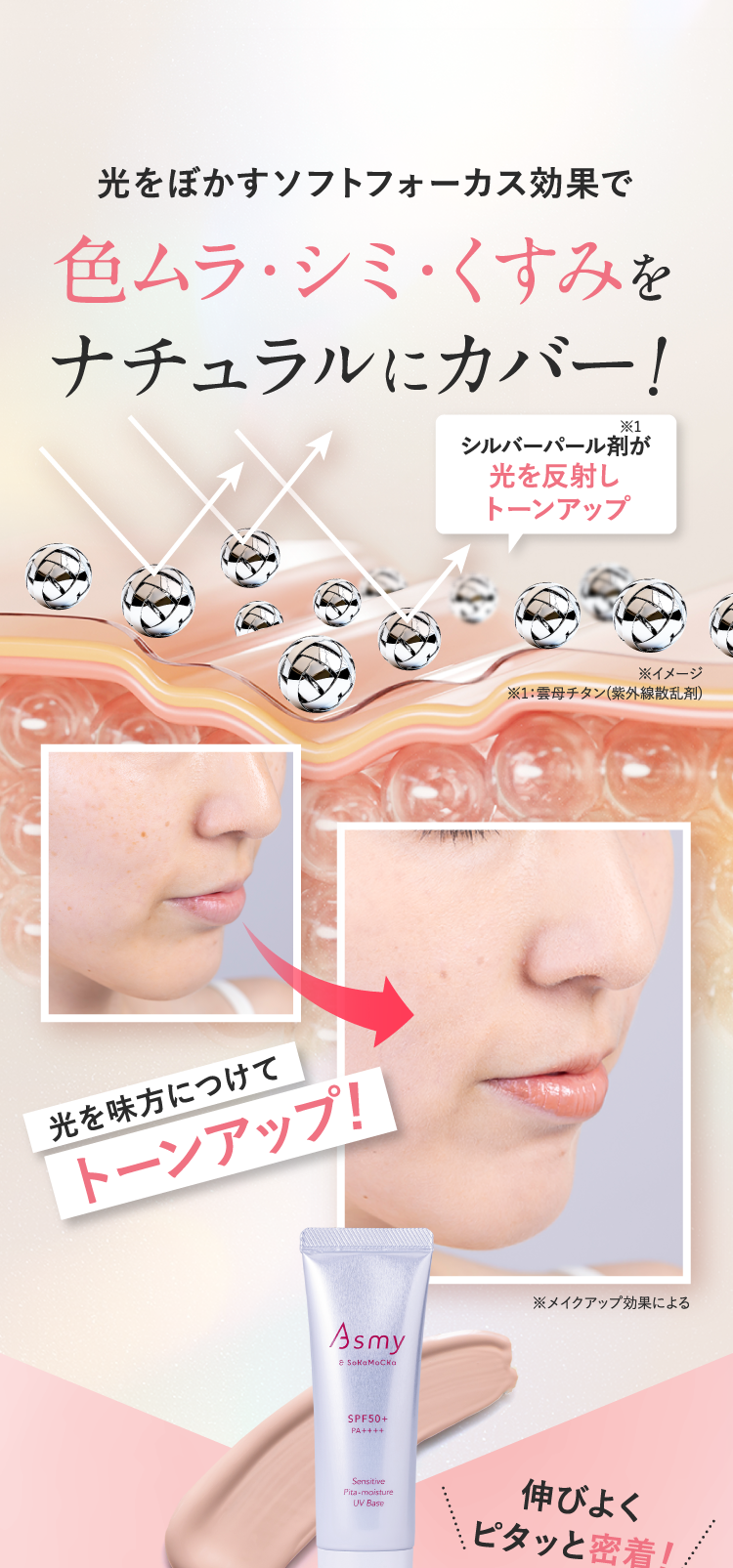 
      光をぼかすソフトフォーカス効果で色ムラ・シミ・くすみをナチュラルにカバー!