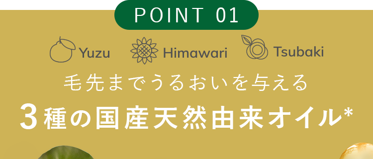 毛先までうるおいとツヤを与える3種の国産天然由来オイル