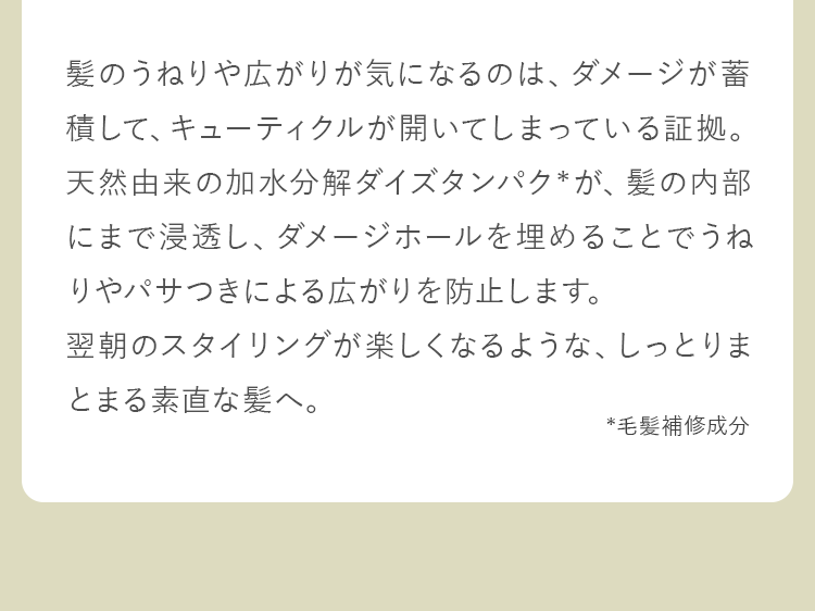 翌朝のスタイリングが楽しくなるような、しっとりまとまる素直な髪へ。