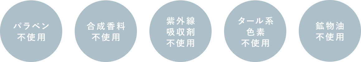 パラベン不使用|合成香料不使用|紫外線吸収剤不使用|タール系色素不使用|鉱物油不使用