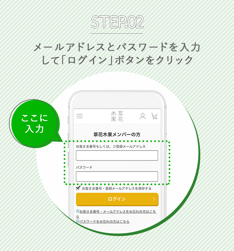 STEP.02 メールアドレスとパスワードを入力して「ログイン」ボタンをクリック