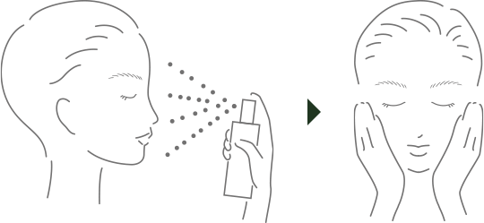 目と口を閉じた状態で顔から15cmほど離してスプレーし、手のひらでおさえるようになじませます。
