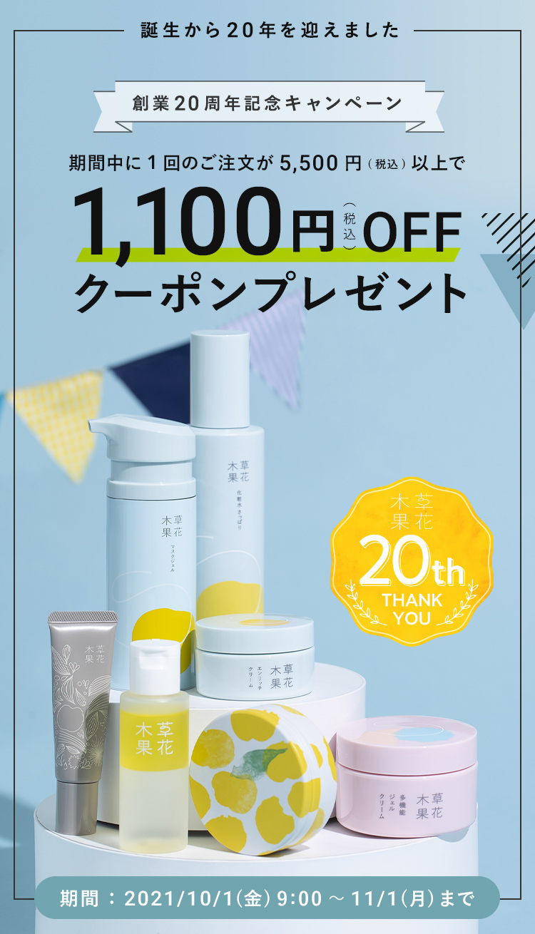 創業20周年記念キャンペーン期間中に1回のご注文が5,500円(税込)以上で1,100円 OFFクーポンプレゼント