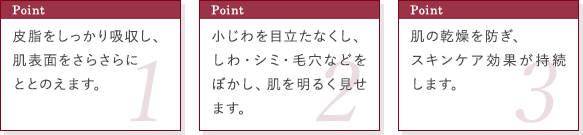 Point1_皮脂をしっかり吸収し、肌表面をさらさらにととのえます。point2_小じわを目立たなくし、しわ・シミ・毛穴などをぼかし、肌を明るく見せます。 point3_肌の乾燥を防ぎ、スキンケア効果が持続します。