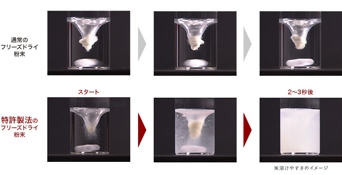 通常のフリーズドライ粉末 特許製法のフリーズドライ粉末