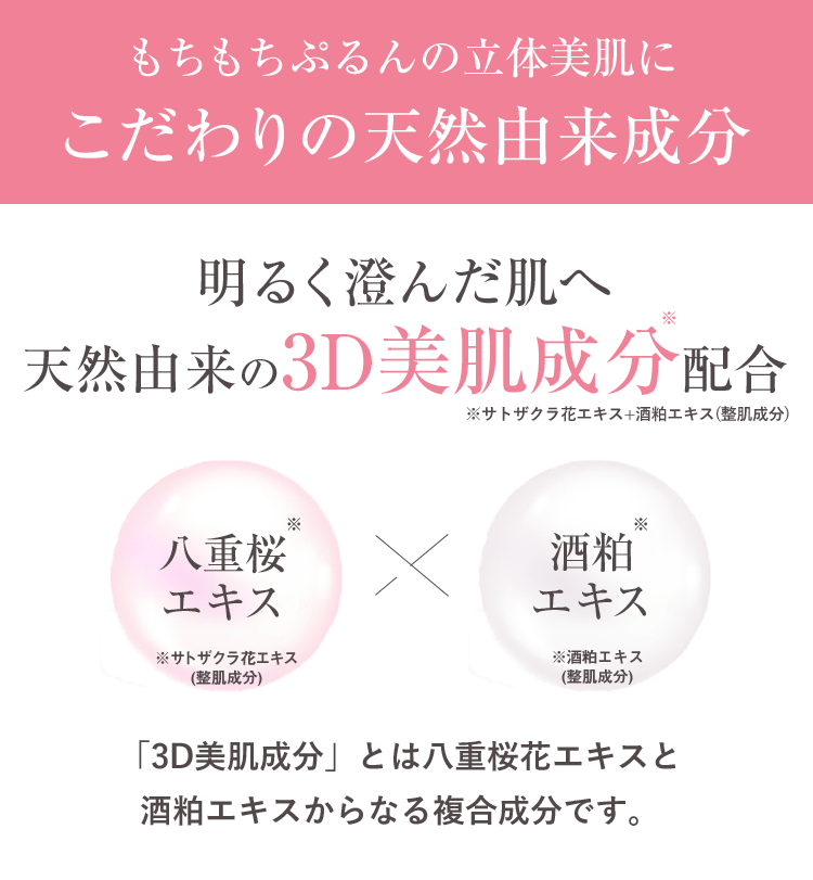 もちもちぷるんの立体美肌こだわりの天然由来成分 明るく澄んだ肌へ天然由来の3D美肌成分配合 八重桜エキス※サトザクラ花エキス(整肌成分) 酒粕エキス ※酒粕エキス
            (整肌成分) 「3D美肌成分」とは八重桜花エキスと酒粕エキスからなる複合成分です。